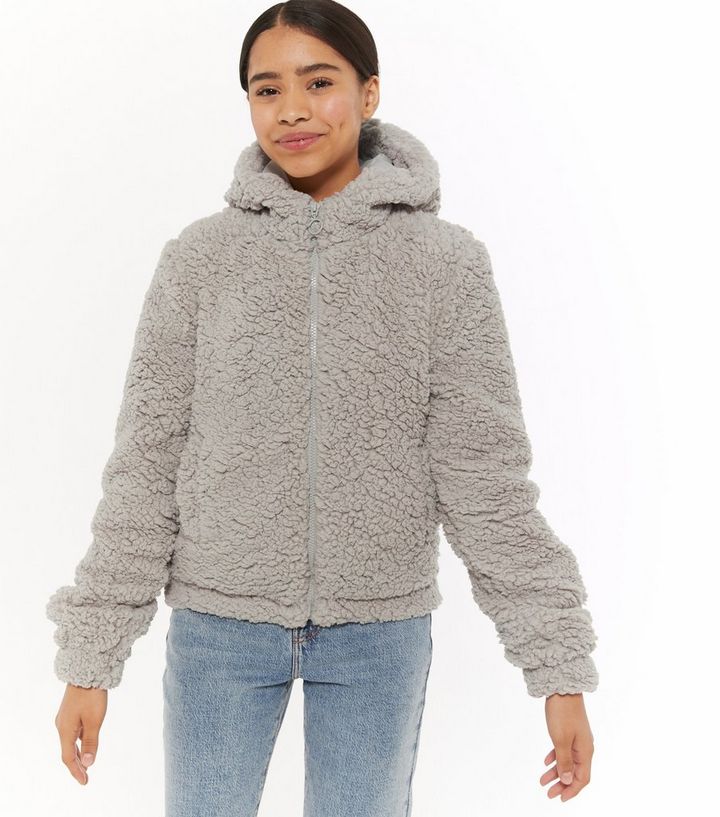 Girls Pale Grey Teddy Hooded Jacket New Look