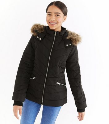 black faux fur trim fitted puffer jacket