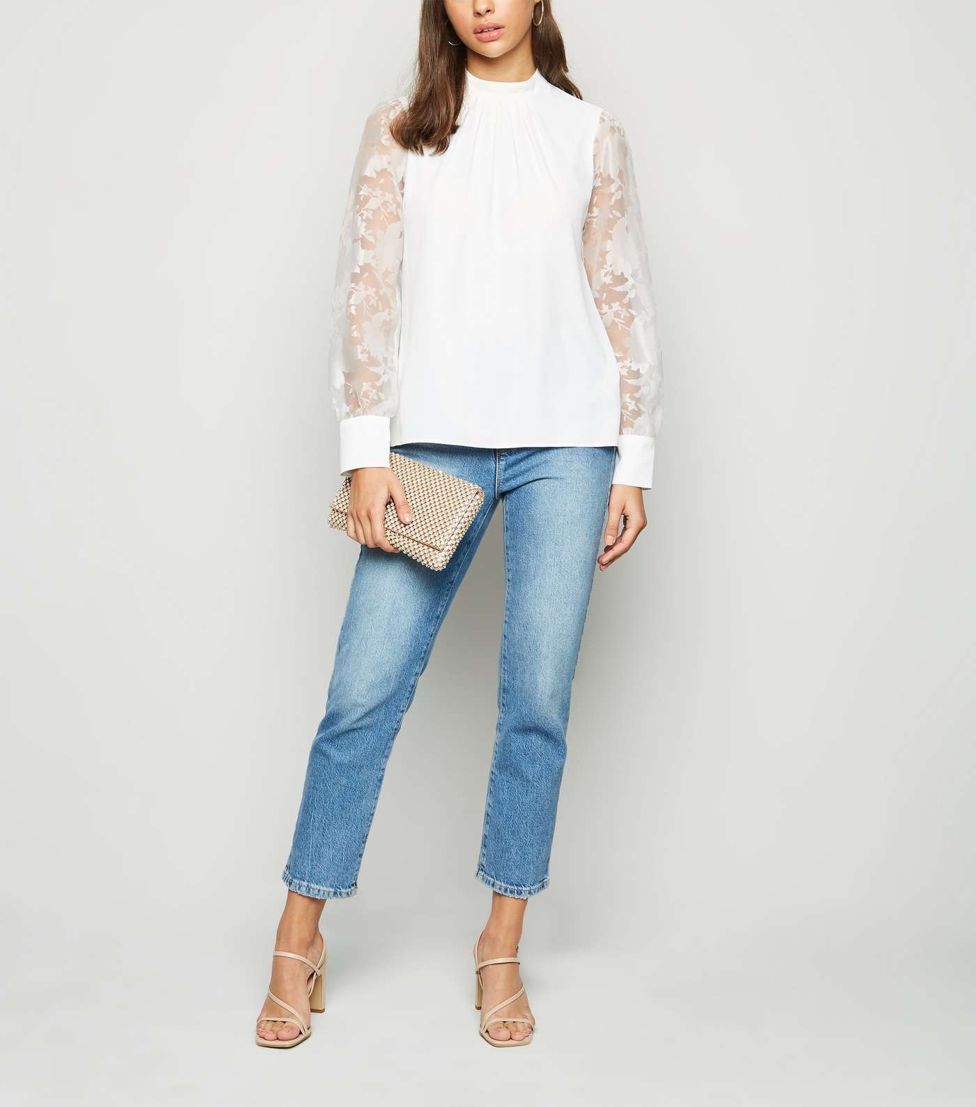 White High Neck Puff Organza Sleeve Blouse Image 2