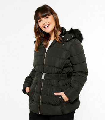 Curves Black Belted Faux Fur Puffer Jacket New Look