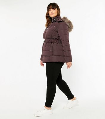 Curves Burgundy Belted Faux Fur Puffer Jacket New Look