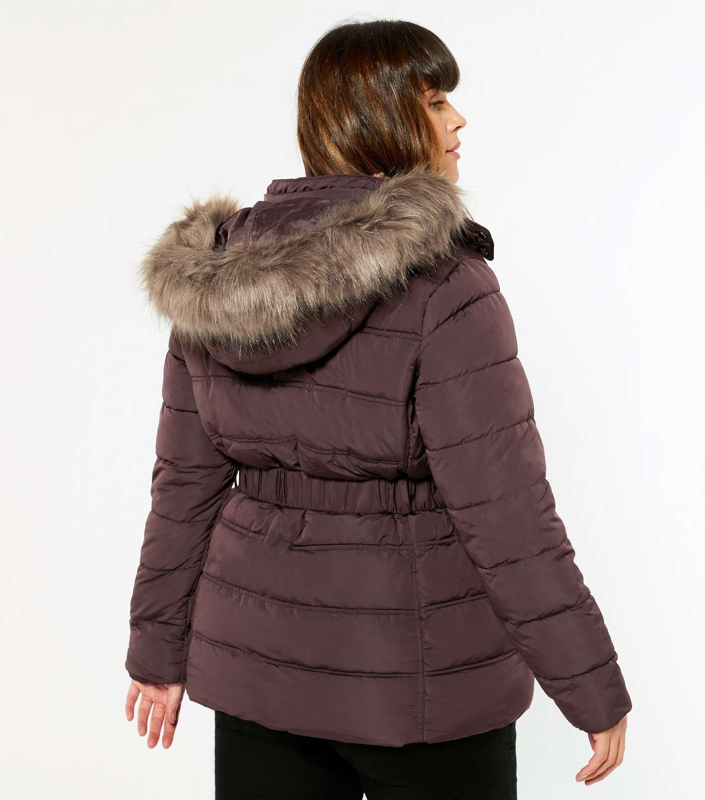 Curves Burgundy Belted Faux Fur Puffer Jacket Image 4