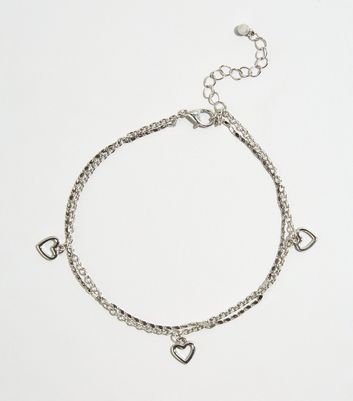 Silver Double Chain Heart Anklet | New Look