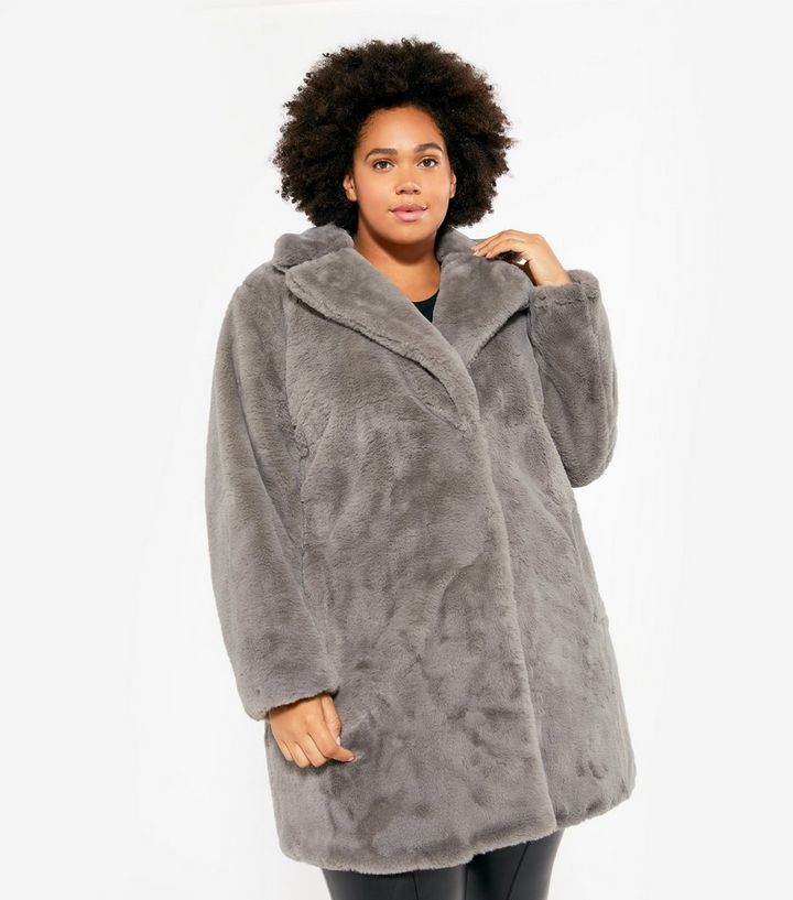Curves Dark Grey Faux Fur Long Coat, Grey Faux Fur Coat Long