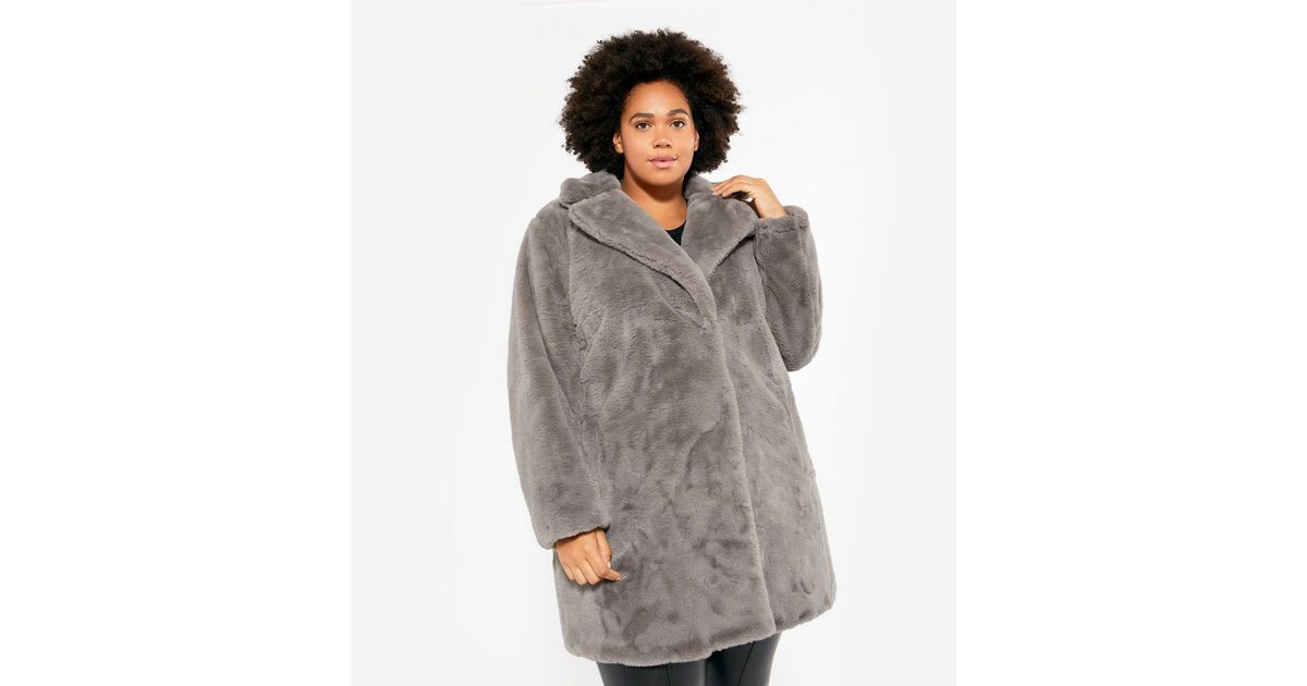 Curves Dark Grey Faux Fur Long Coat, Grey Faux Fur Coat New Look