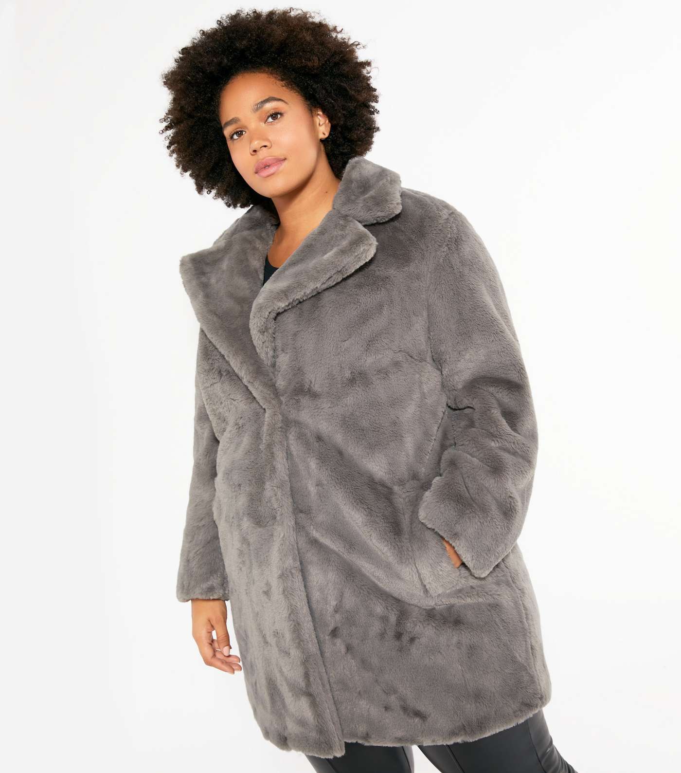 Curves Dark Grey Faux Fur Long Coat Image 2