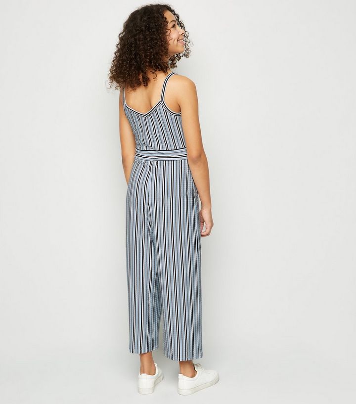 Girls Blauer Gestreifter Jumpsuit Mit Weitem Bein Und Cut Outs New Look
