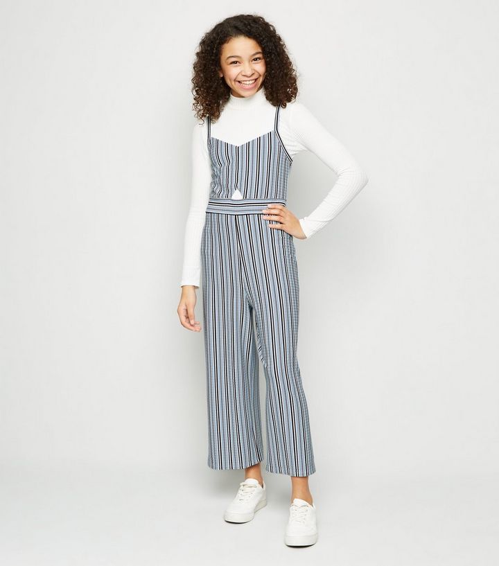 Girls Blue Stripe Cut Out Wide Leg Jumpsuit New Look