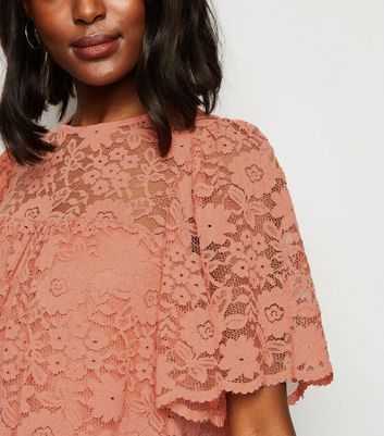 Rust Lace Flutter Sleeve Top New Look