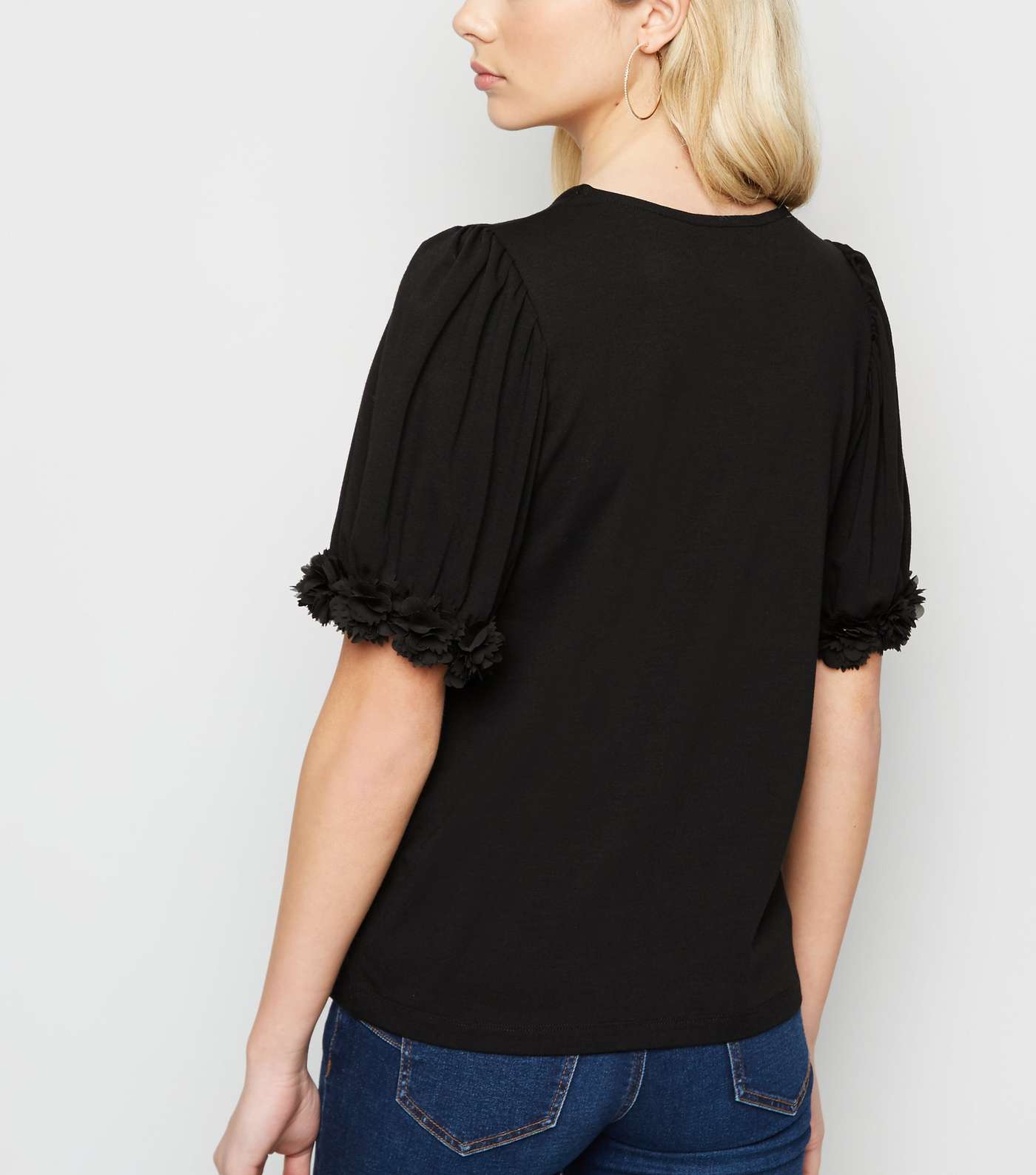 Black Floral Trim Puff Sleeve T-Shirt  Image 3