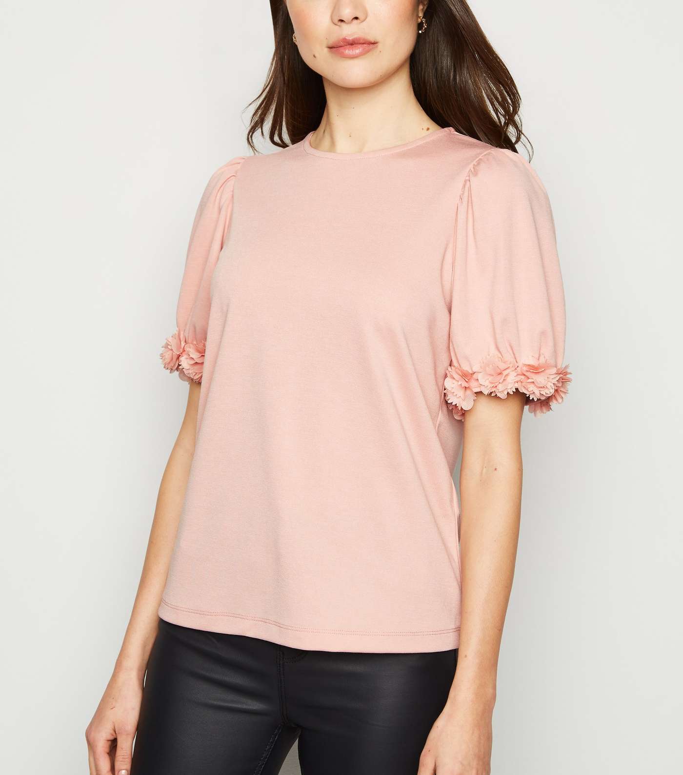 Pale Pink Floral Trim Puff Sleeve T-Shirt 