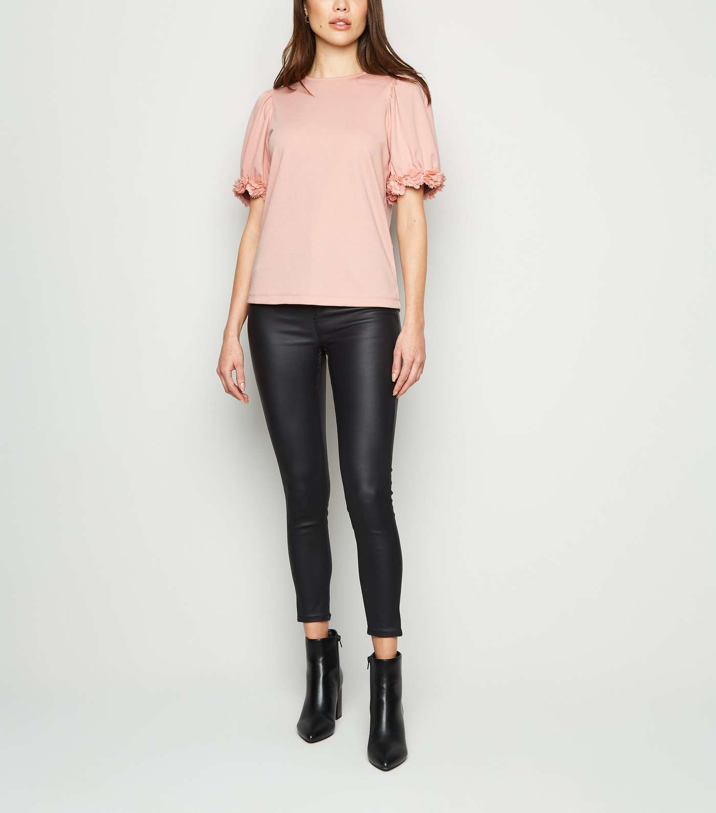Pale Pink Floral Trim Puff Sleeve T-Shirt  Image 2
