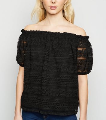 Black Lace Puff Sleeve Bardot Top | New Look