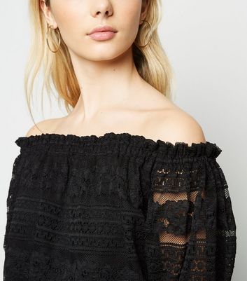 Black Lace Puff Sleeve Bardot Top New Look