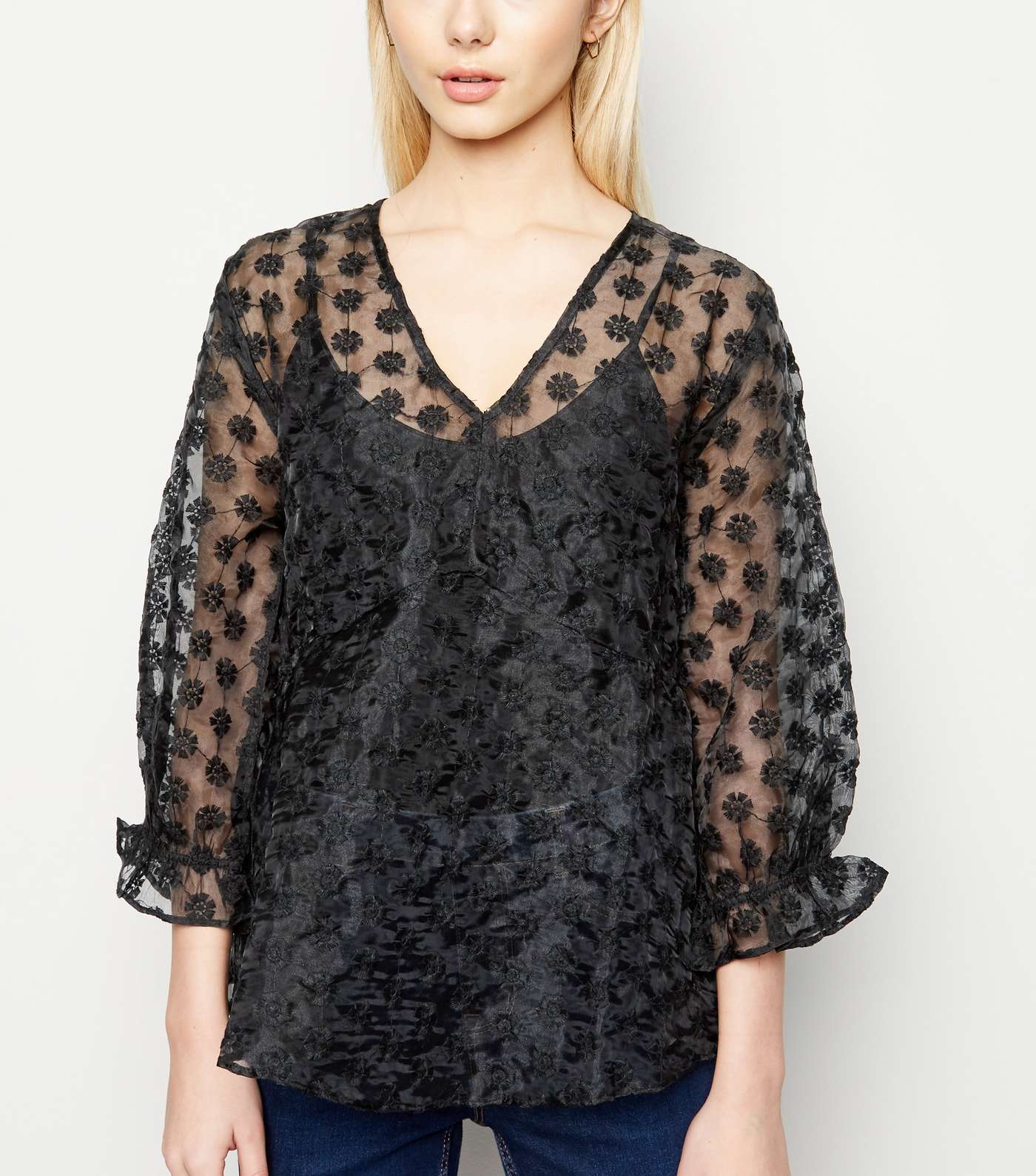 Black Floral Embroidered Organza Blouse