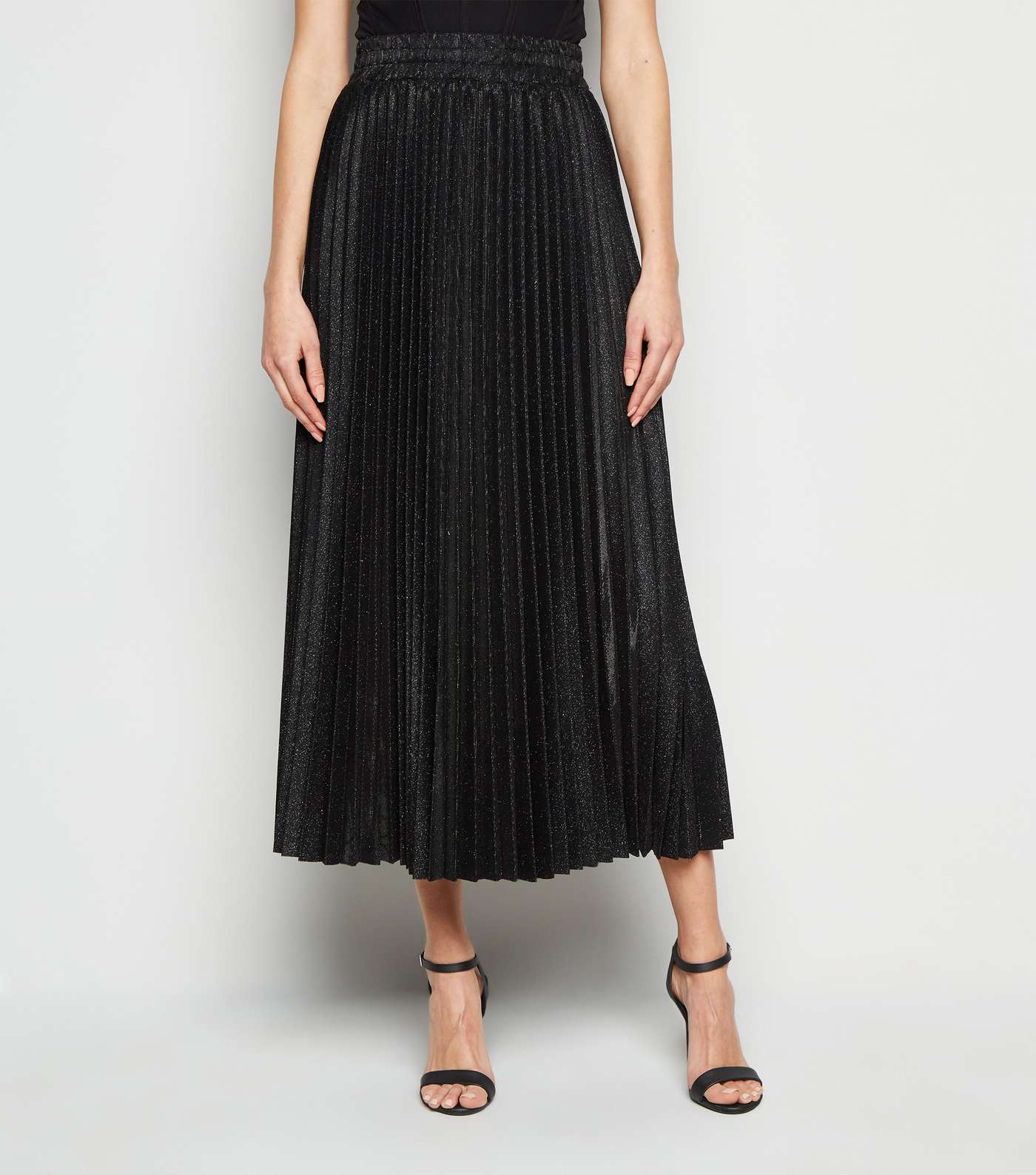 Black Glitter Pleated Midi Skirt Image 2