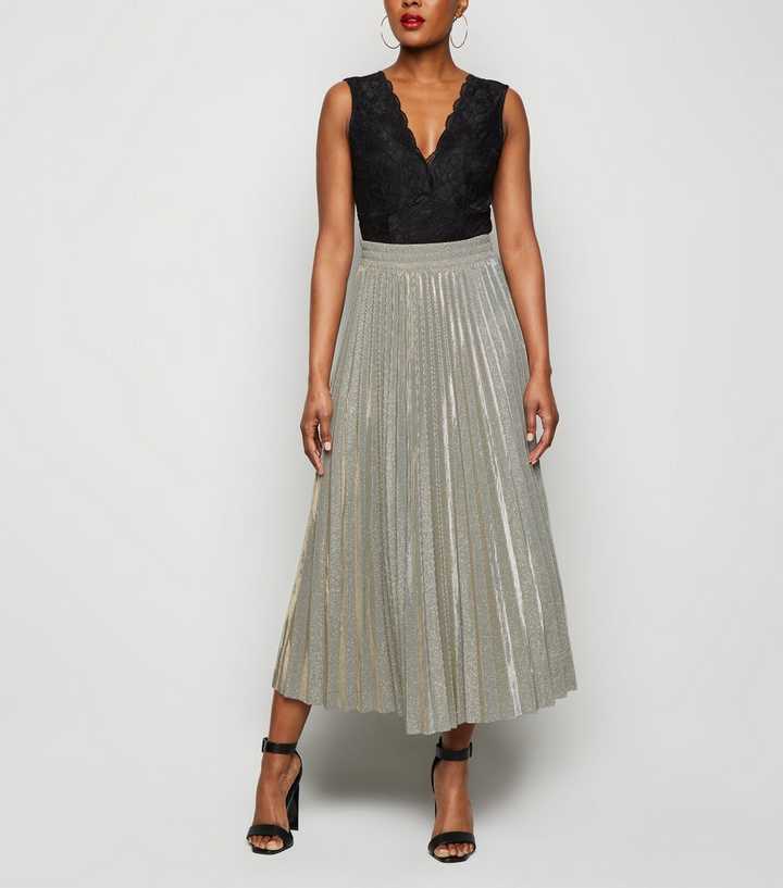 Gold Glitter Pleated Midi Skirt