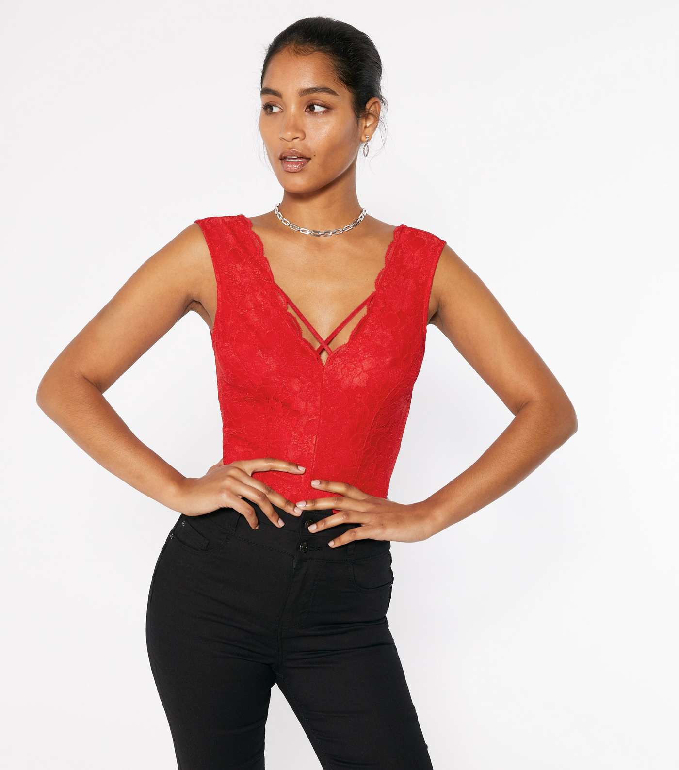 Red Lace Plunge Cross Strap Bodysuit