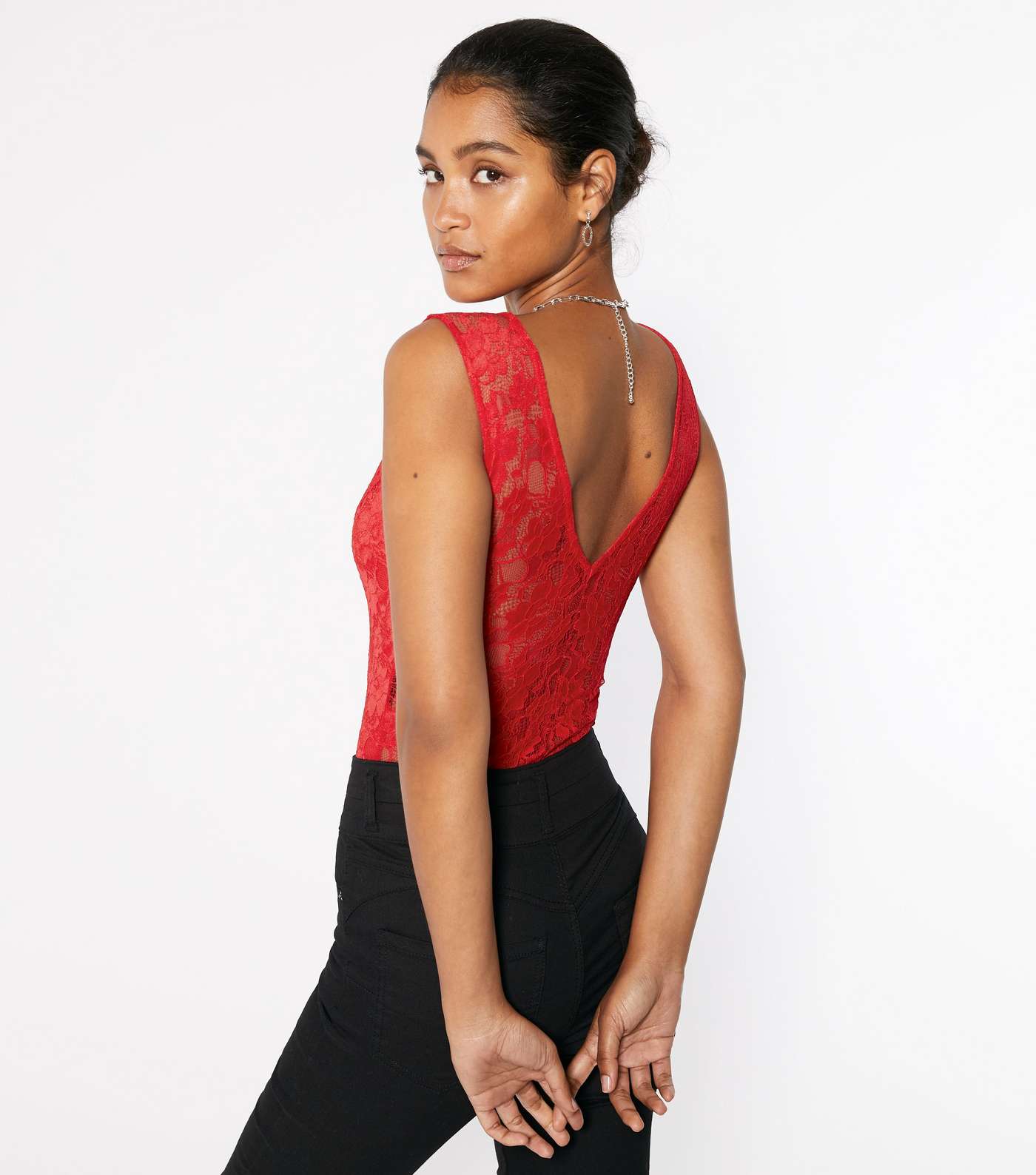 Red Lace Plunge Cross Strap Bodysuit Image 3