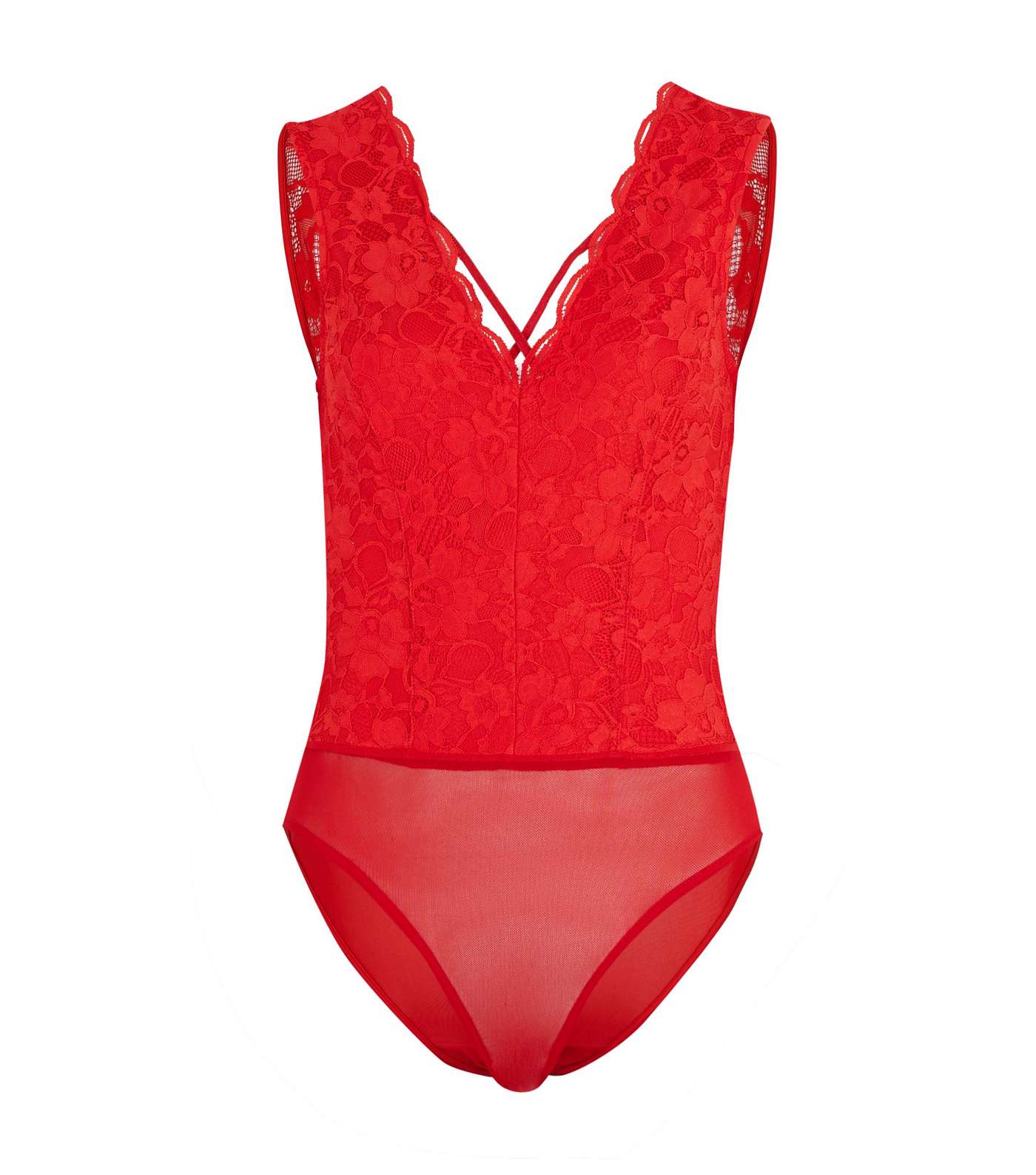 Red Lace Plunge Cross Strap Bodysuit Image 5