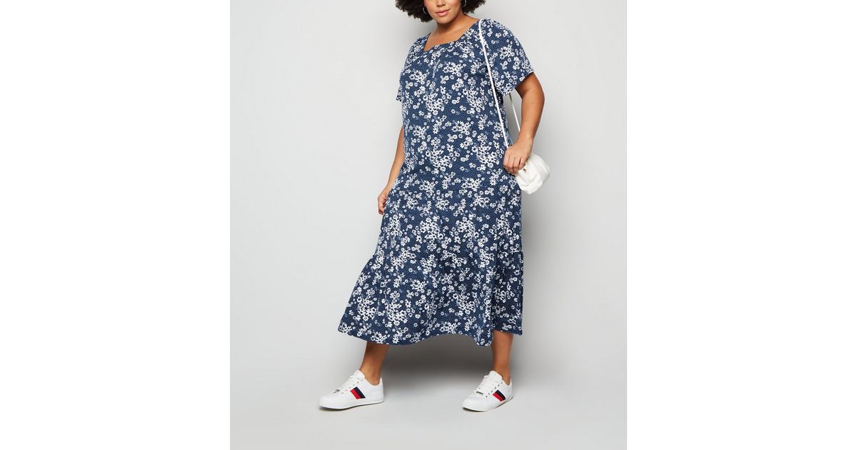 Blue Vanilla Curves Blue Floral and Spot Midi Dress New Look