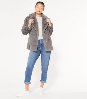 new look petite grey fur coat