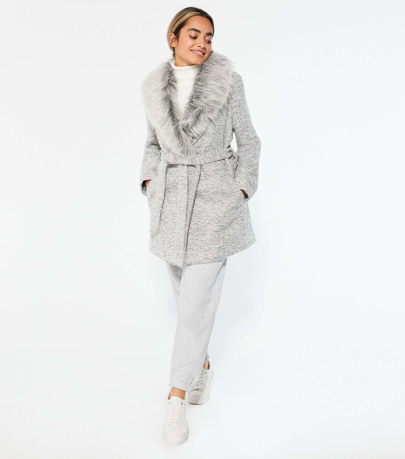 Petite Pale Grey Faux Fur Collar Belted Coat