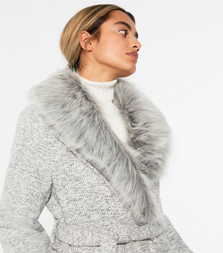 Petite Pale Grey Faux Fur Collar Belted, Next Grey Belted Faux Fur Collar Coats Womens