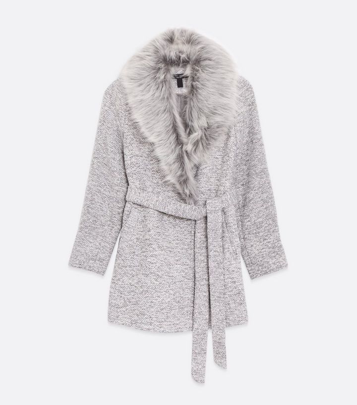 Petite Pale Grey Faux Fur Collar Belted, Next Grey Belted Faux Fur Collar Coats Womens
