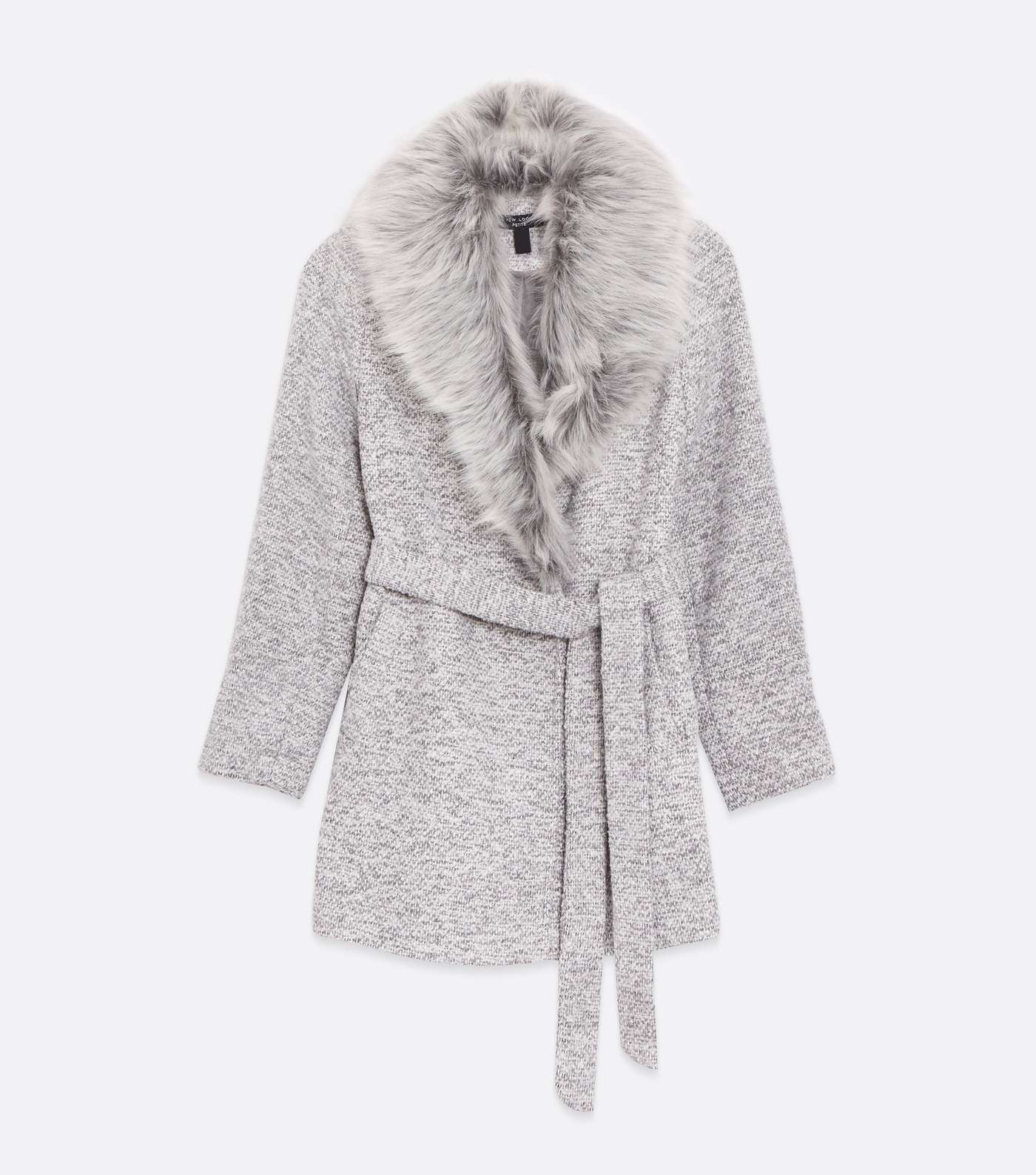 Petite Pale Grey Faux Fur Collar Belted Coat Image 5