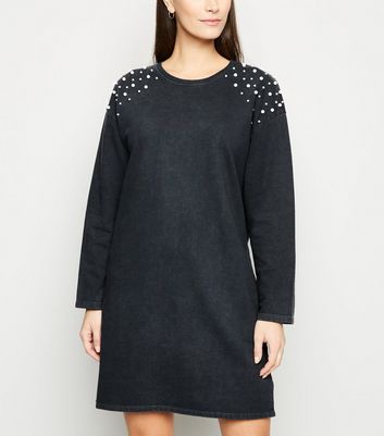 Dunkelgraues Sweatshirt-Kleid mit Zierperlen | New Look