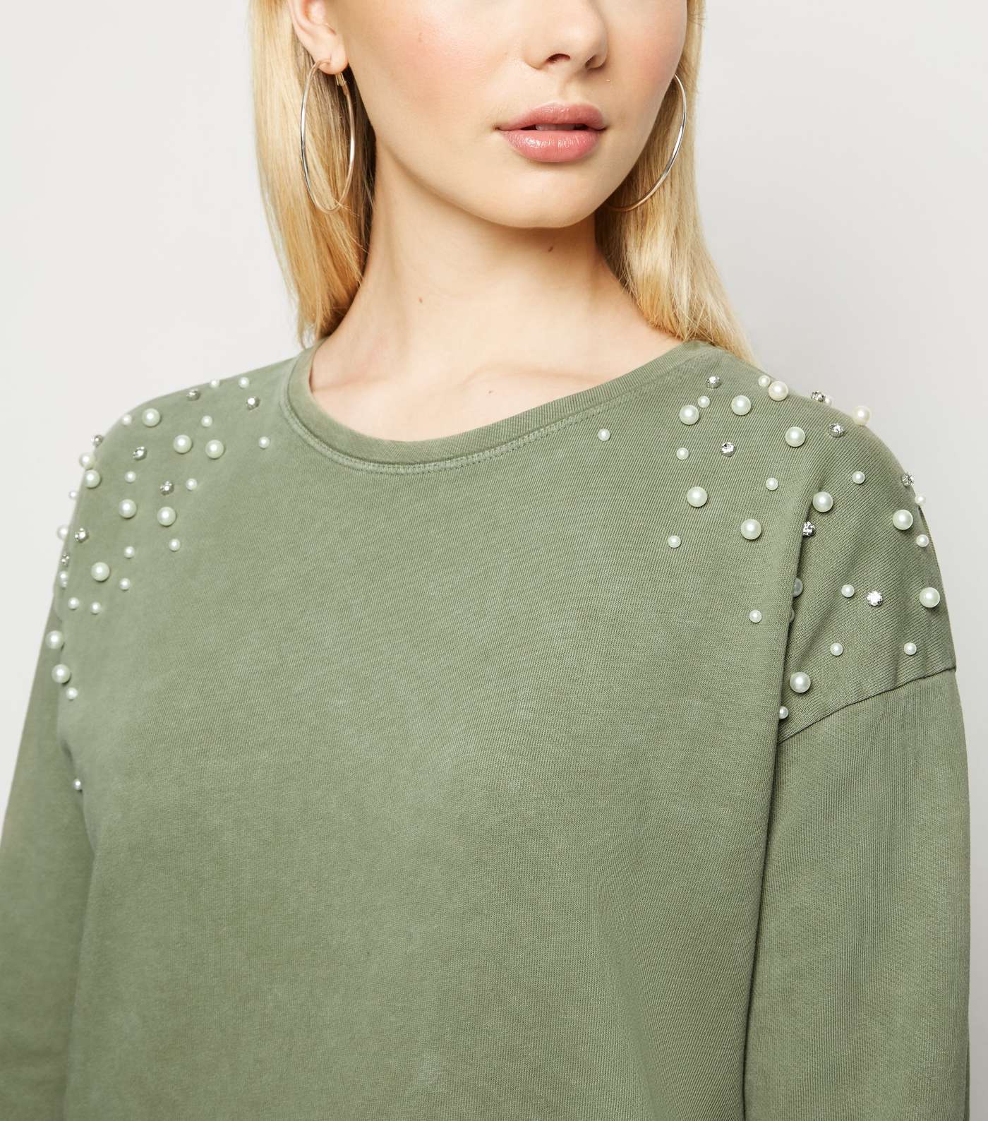 Khaki Faux Pearl Sweatshirt Dress Image 5