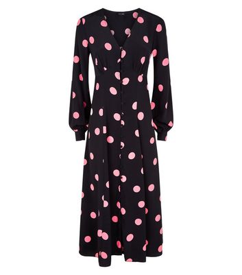 Image of Black Spot Button Long Sleeve Midi Dress New Look