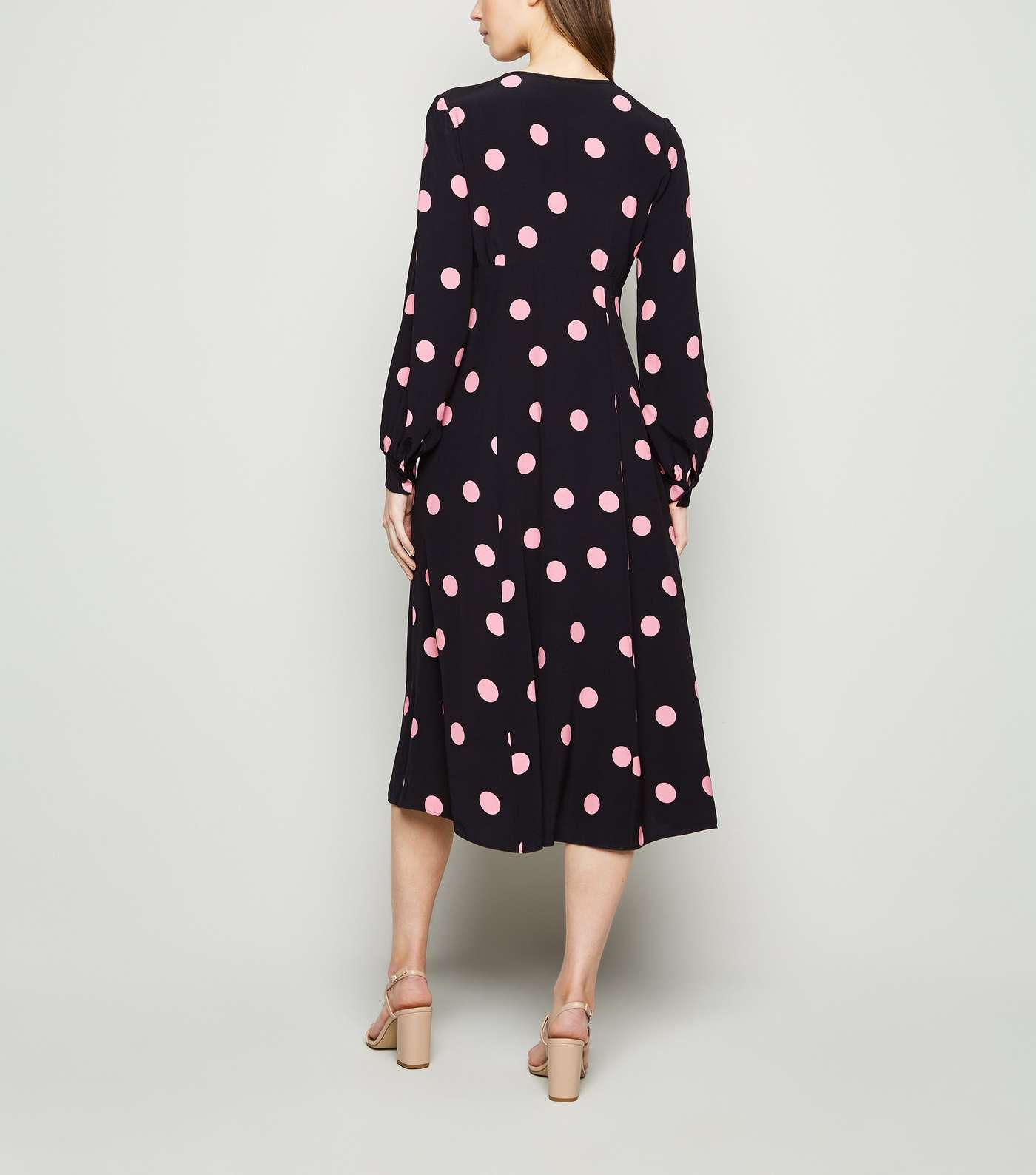 Black Spot Button Long Sleeve Midi Dress Image 2