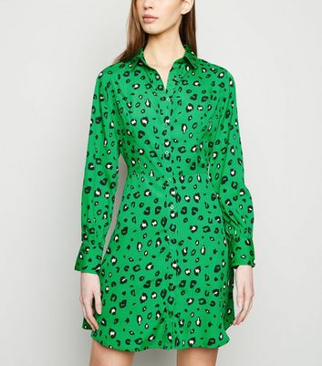 green animal print shirt dress