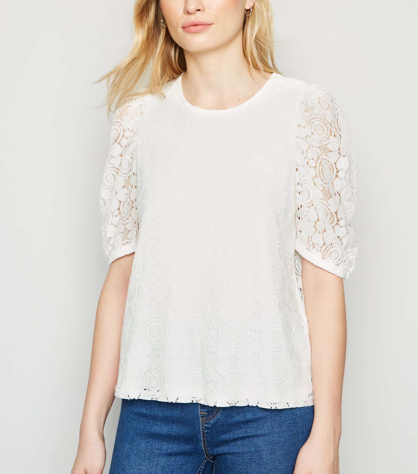 White Lace Puff Sleeve T-Shirt