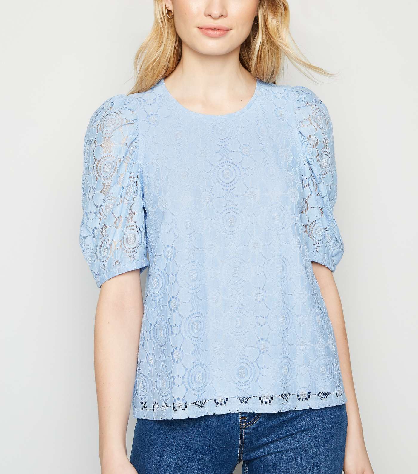 Pale Blue Lace Puff Sleeve T-Shirt