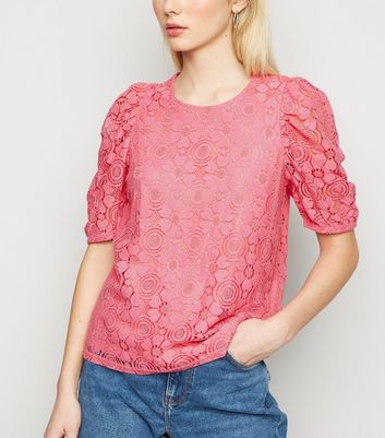 Image of Bright Pink Lace Puff Sleeve T-Shirt New Look