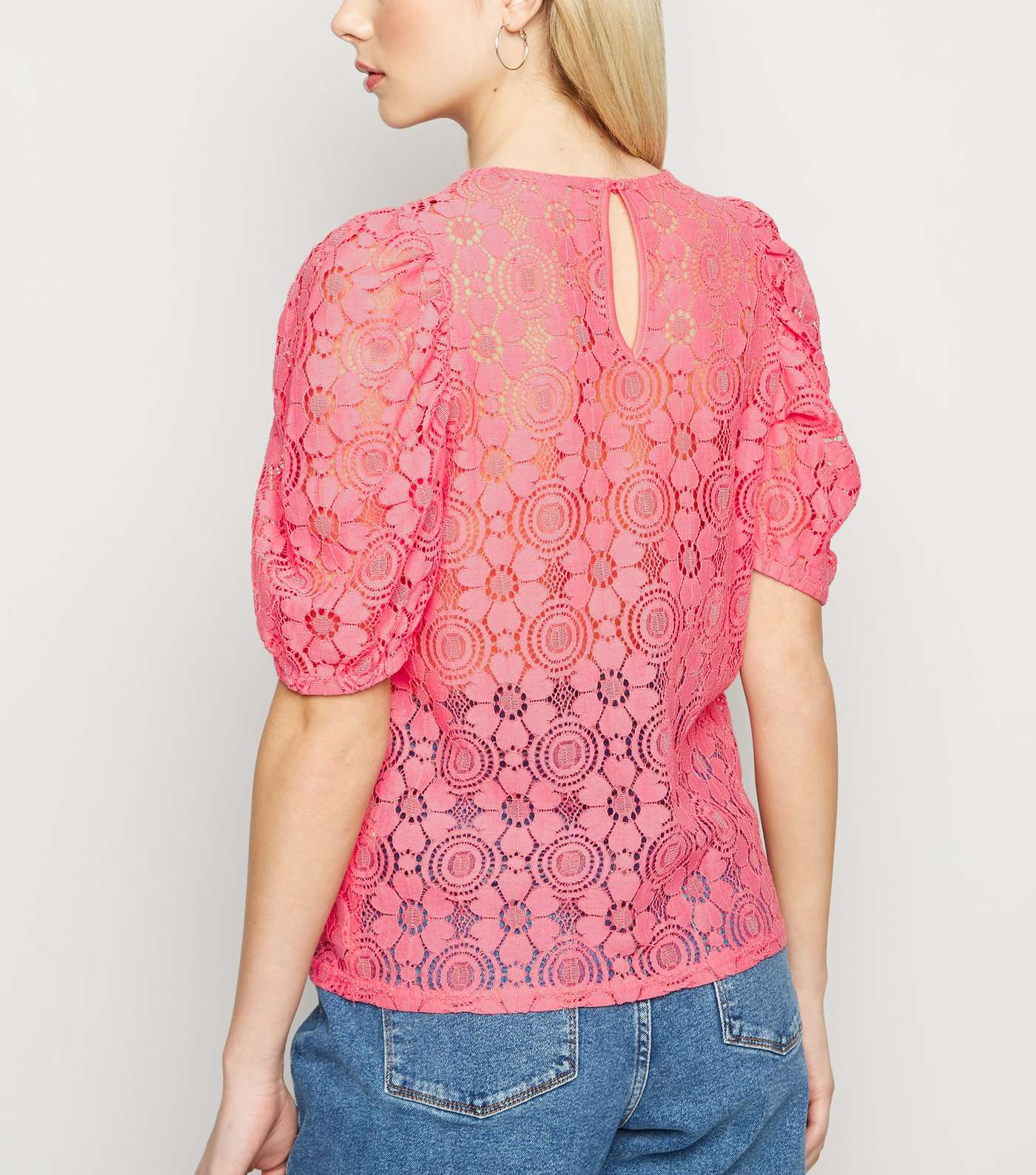 Bright Pink Lace Puff Sleeve T-Shirt Image 3