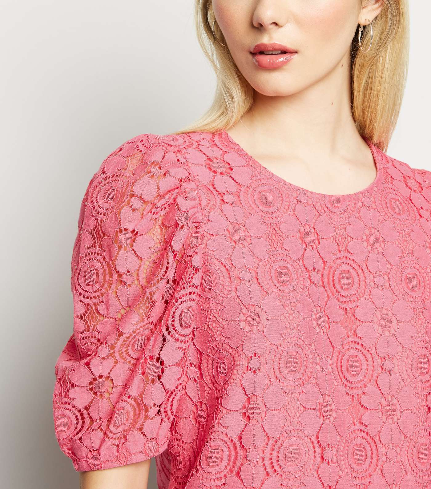 Bright Pink Lace Puff Sleeve T-Shirt Image 5