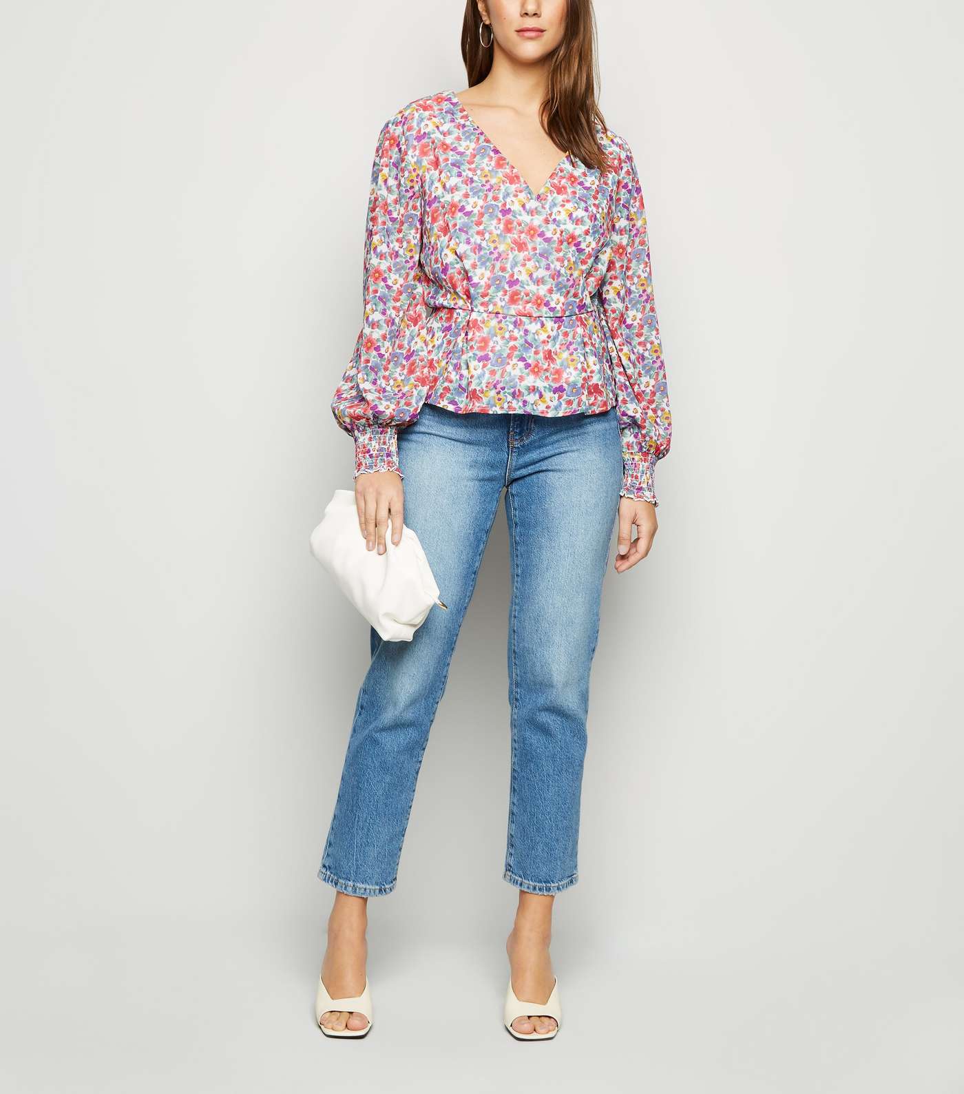 White Floral Puff Sleeve Peplum Wrap Top Image 2