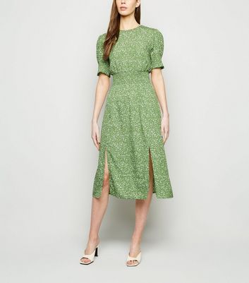 green ditsy floral midi dress