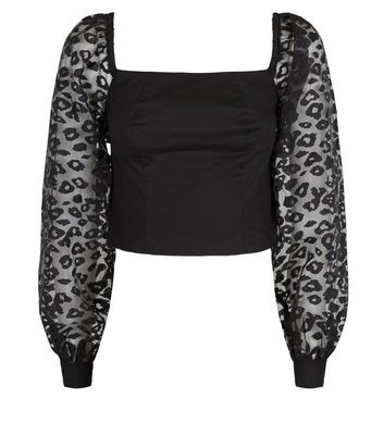 Image of Black Organza Leopard Puff Sleeve Top New Look