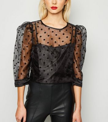 Image of Black Spot Organza Puff Sleeve Top New Look