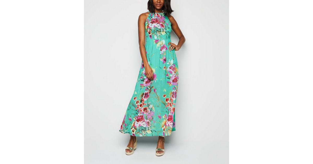 Blue Vanilla Mint Green Floral Pleated Maxi Dress | New Look