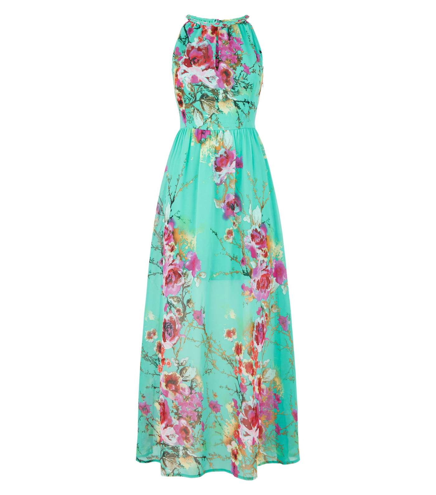 Blue Vanilla Mint Green Floral Pleated Maxi Dress Image 4