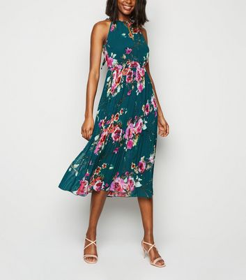 Dark Green Floral Pleated Midi Dress 