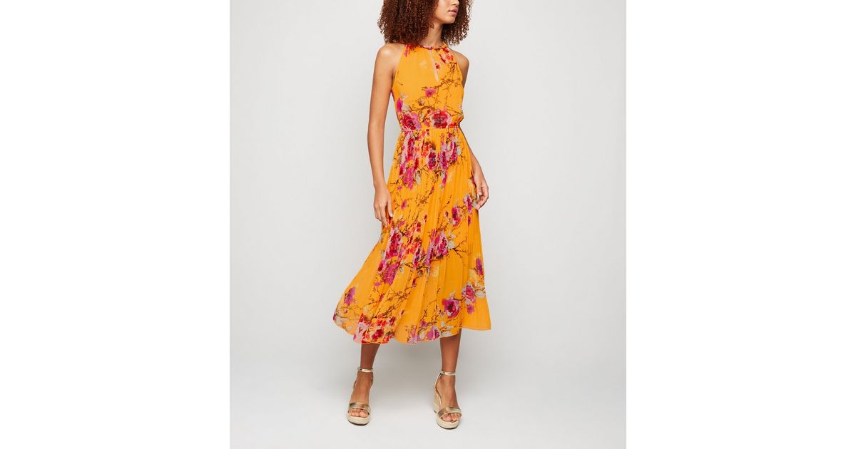 Blue Vanilla Orange Floral Pleated Midi Dress New Look
