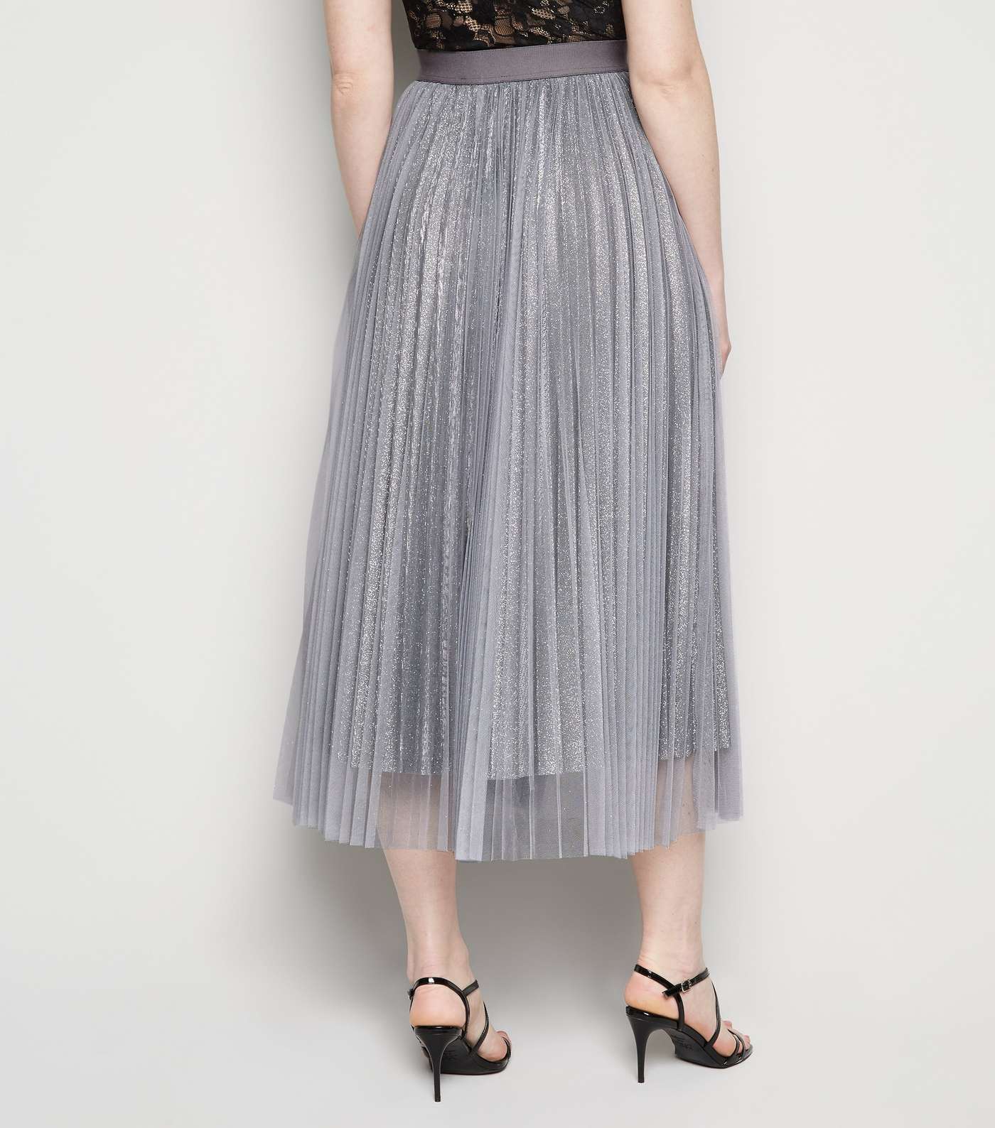 Tall Grey Glitter Mesh Pleated Midi Skirt Image 3