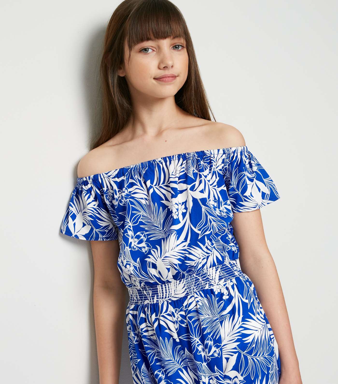 Girls Blue Tropical Bardot Jumpsuit Image 2